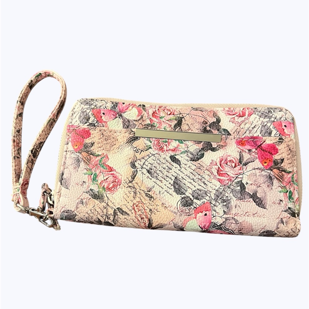 Vegan Leather Floral Wristlet Clutch
